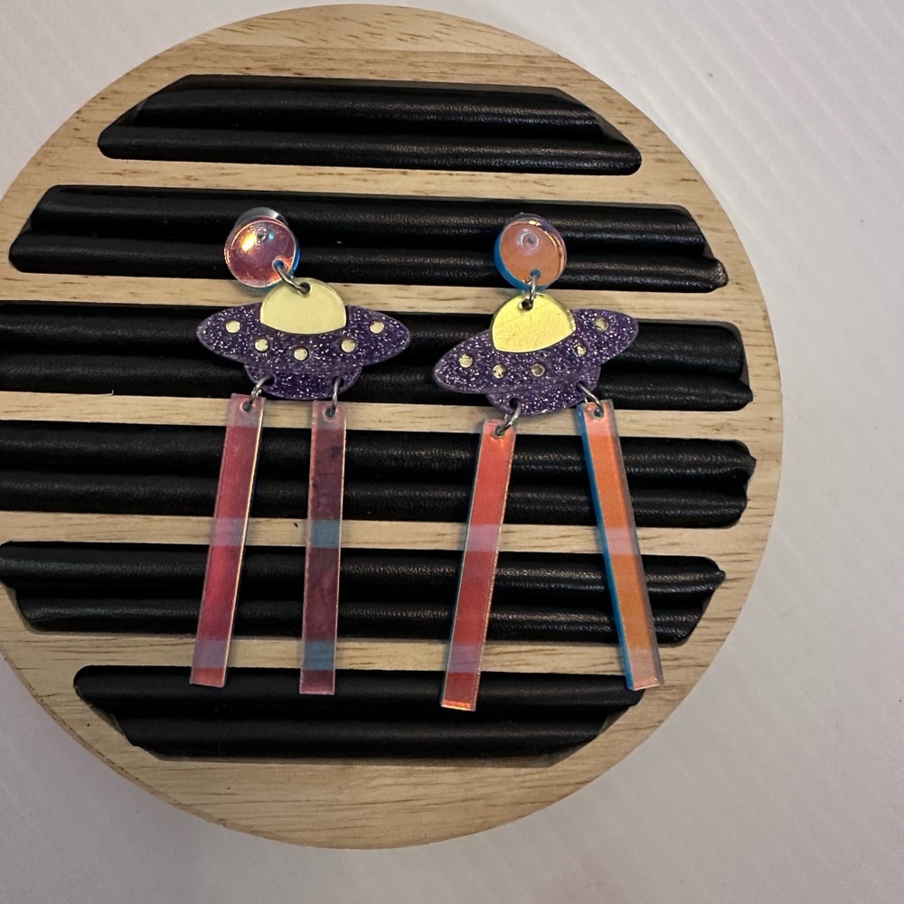 Purple and Gold UFO Dangle Earrings